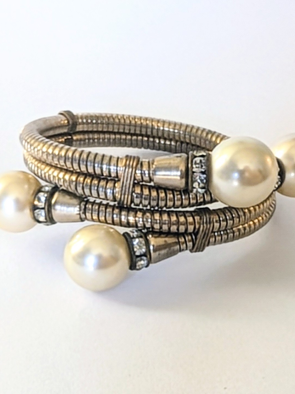 White Faux Pearl Rhinestone Coil Wrap Bracelet MCM Hollywood Regency Period